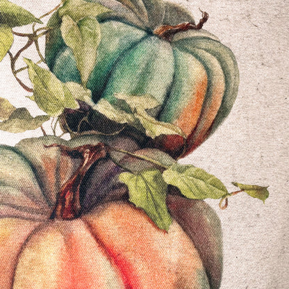 vintage pumpkin decorative pillow cover with a botanical-style pumpkin illustration in warm autumn colours.