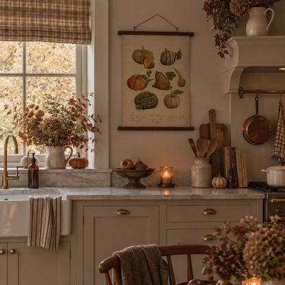 Útulný podzimní interiér kuchyně ve stylu anglického cottage s vintage plakátem dýní