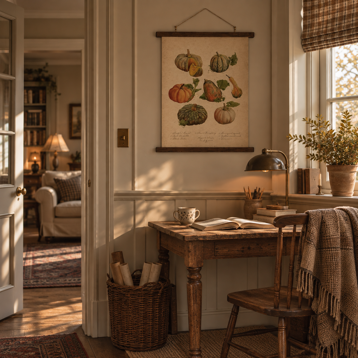 Útulný podzimní interiér kuchyně ve stylu anglického cottage s vintage plakátem dýní