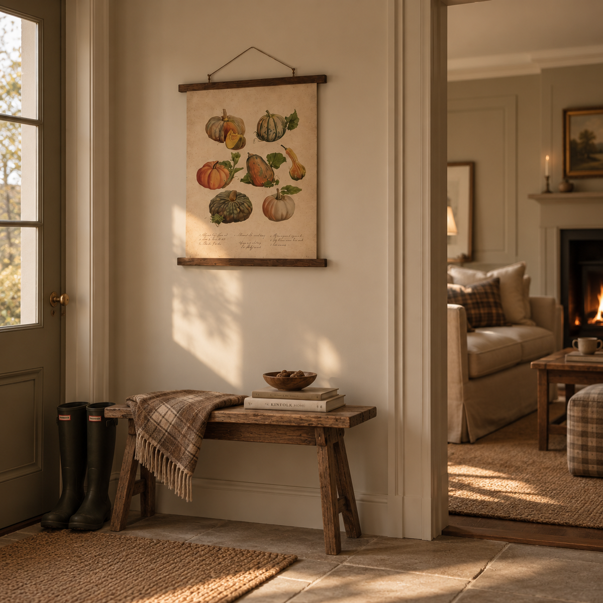 Útulný podzimní interiér kuchyně ve stylu anglického cottage s vintage plakátem dýní