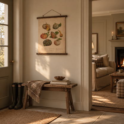 Útulný podzimní interiér kuchyně ve stylu anglického cottage s vintage plakátem dýní