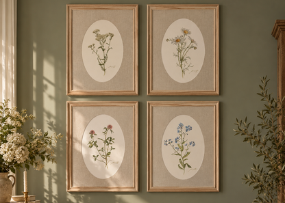 four delicate botanical prints of wild flowers on green wall in frames and oval passepartouts