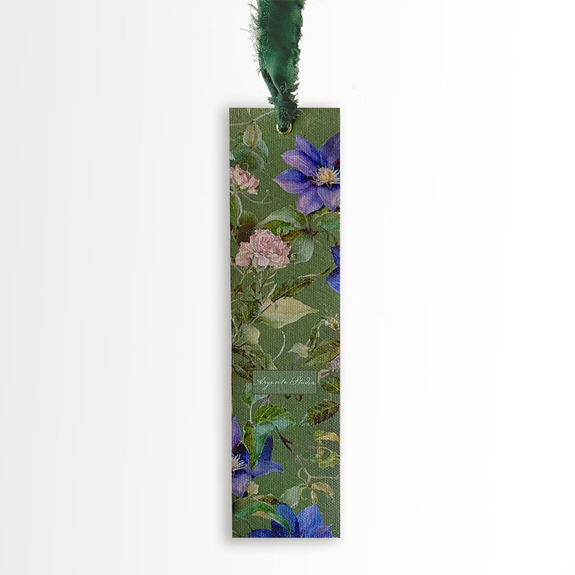 Botanická Plátěná Záložka Clematis + Hedvábná Stuha