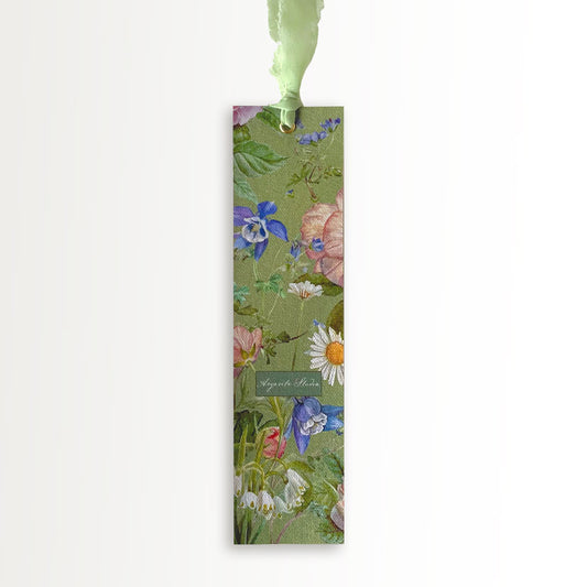 Botanická Plátěná Záložka Orlíček + Hedvábná Stuha