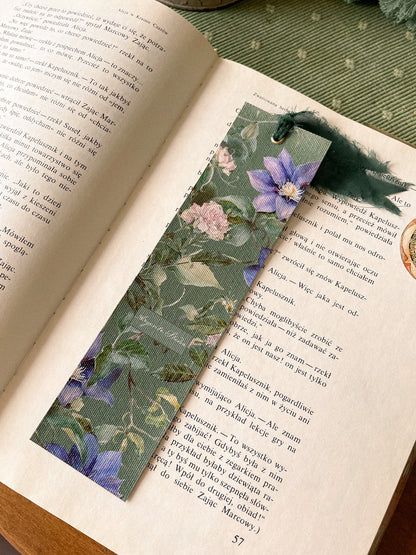 Botanická Plátěná Záložka Clematis + Hedvábná Stuha